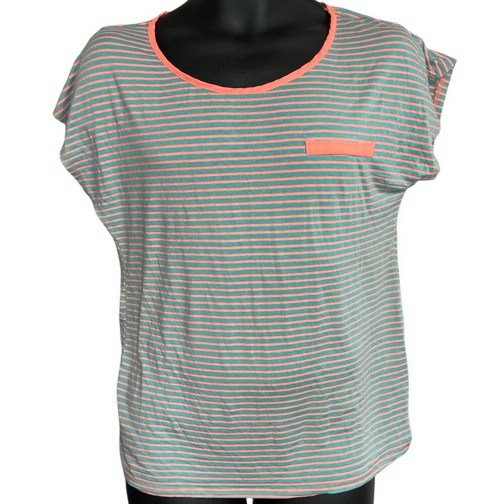 Robin-K T Shirt Women L Gray Orange Striped Scoop Neck Short Sleeve Keyhole USA